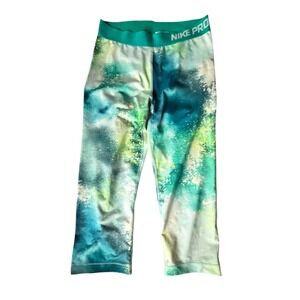 Nike Pro Womens Medium Abstract Galaxy Print Capri Leggings Teal Green Yellow